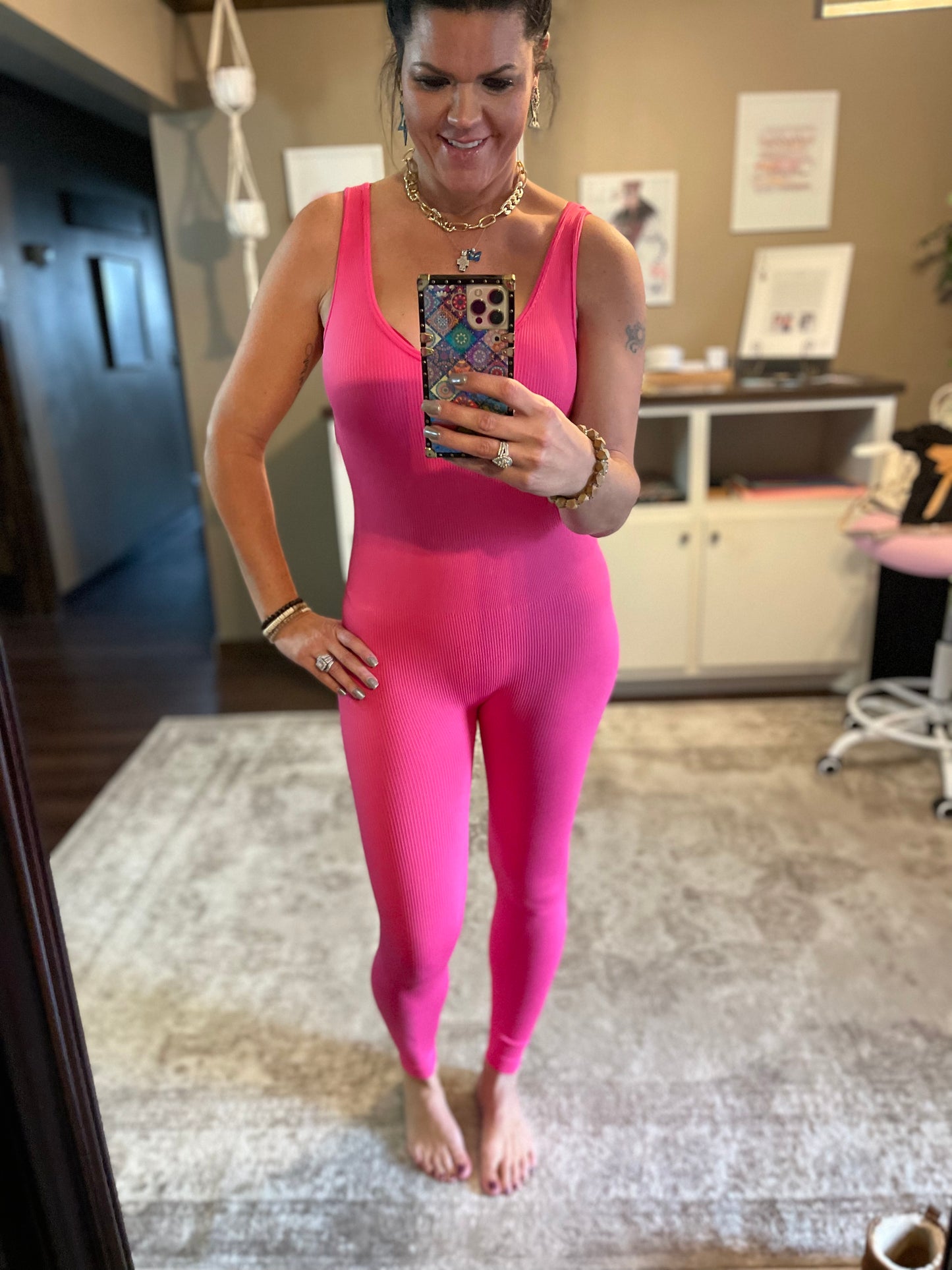 Whatever It Takes V-neck Catsuit (Hot Pink)